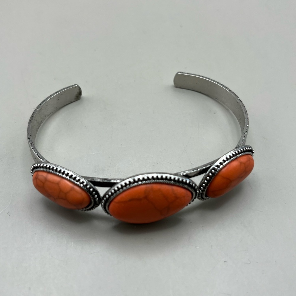 Elegant Unpolished Orange Stone Silver Toned Bracelet - Picture 2 of 3